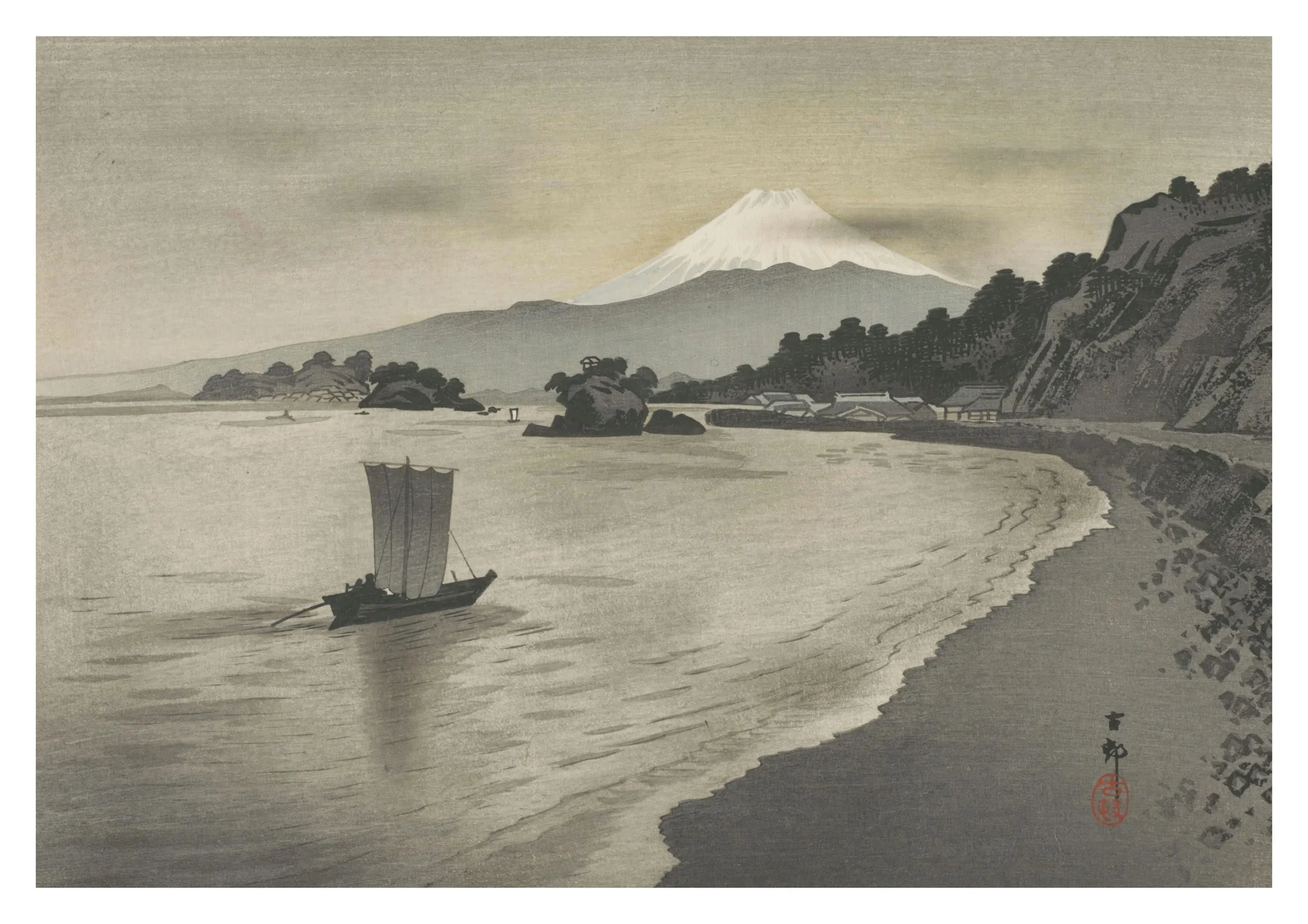 Evening Scene with Sail Boats and Mount Fuji