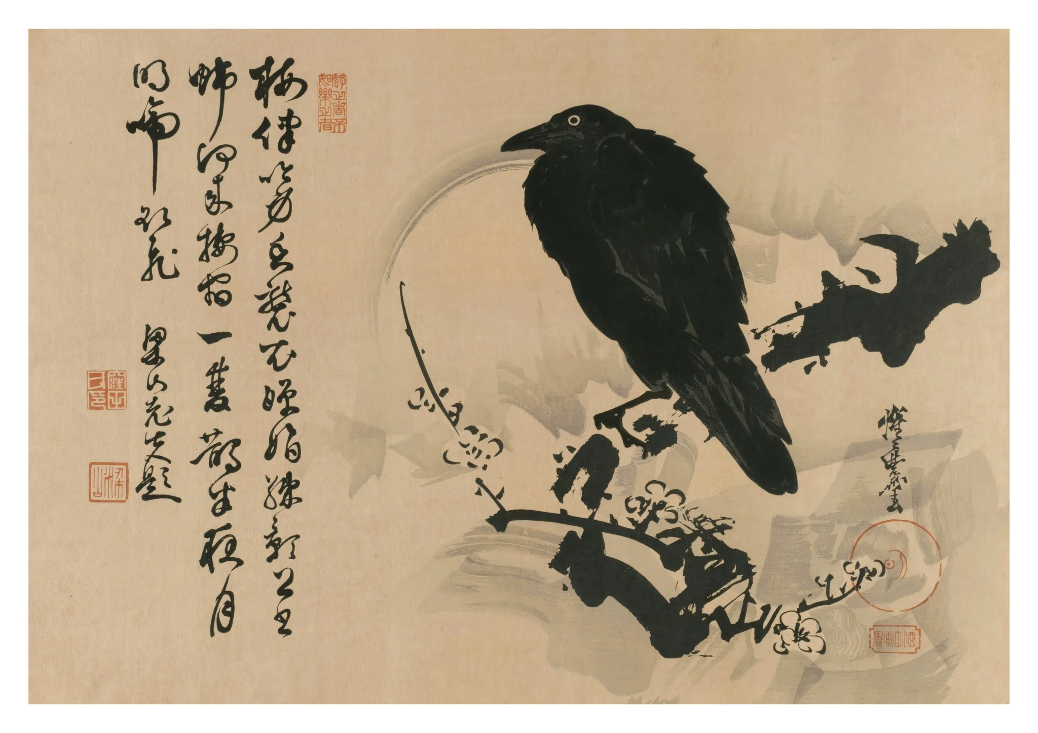 Full Moon with Crow on Plum Branch