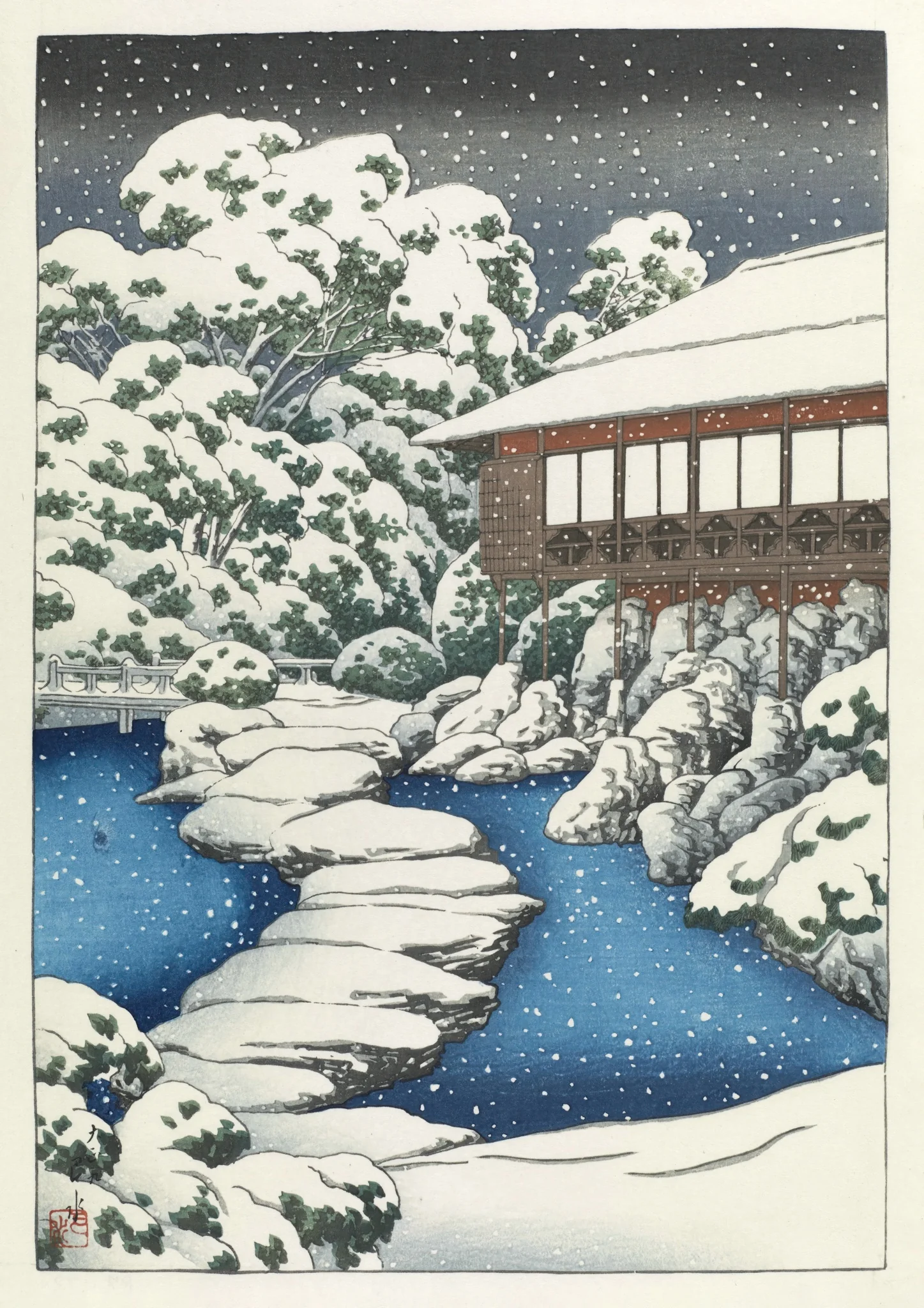 Snow at a Guest House on Pond's Edge