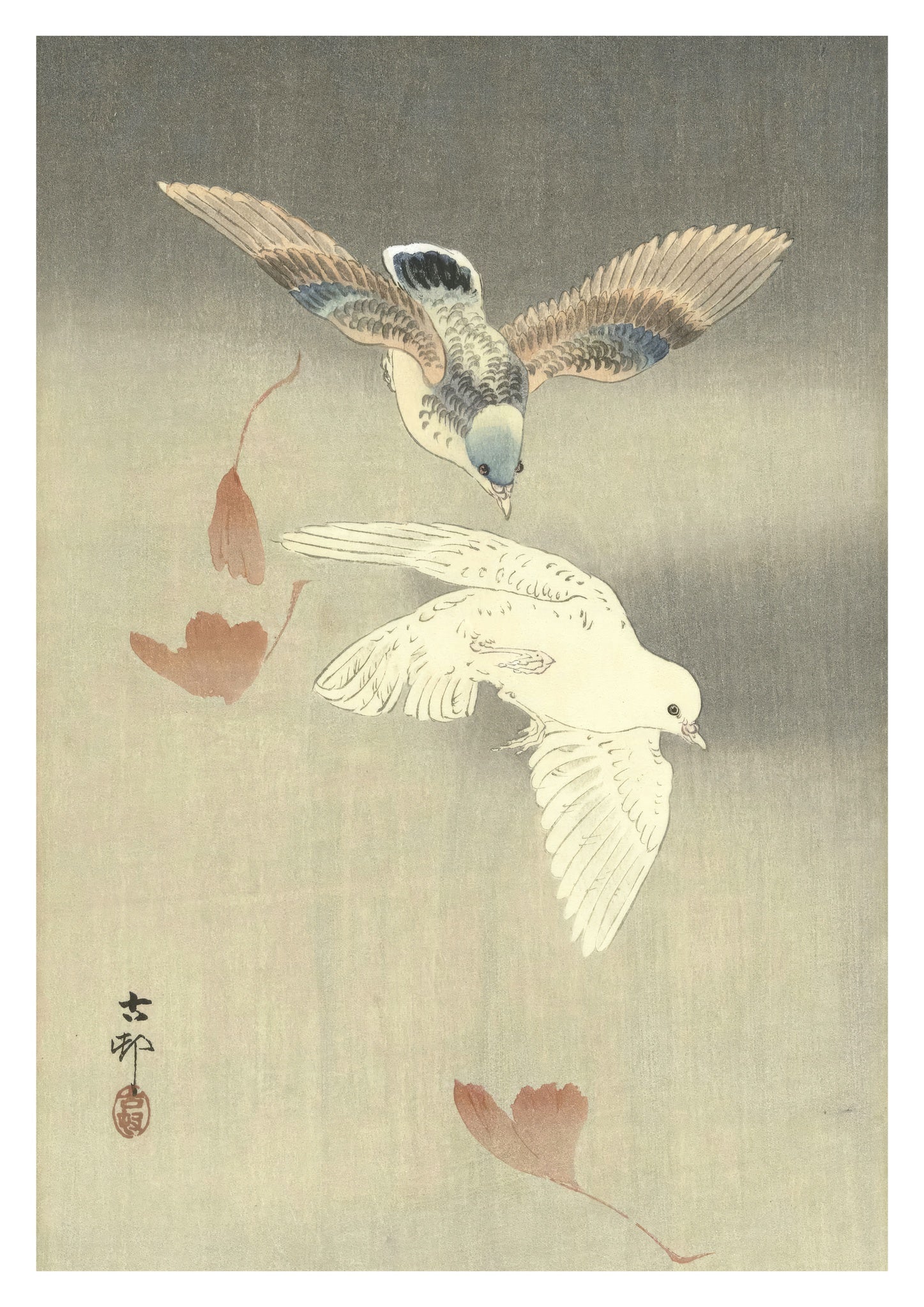 Two Pigeons Near Falling Ginkgo Leaves